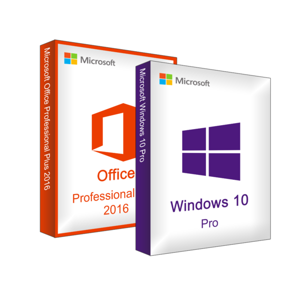 Microsoft Office Professional Plus 2016 und Microsoft Windows 10 Pro Produktboxen.