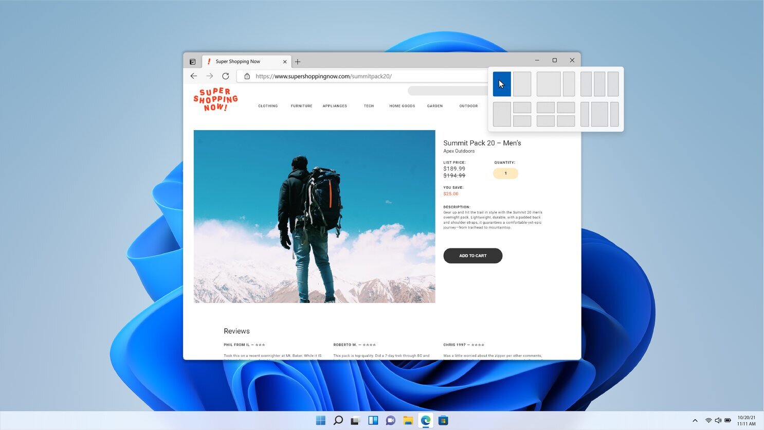 Screenshot eines Windows 11 Desktops mit geöffnetem Microsoft Edge Browser, der eine Webseite mit einem Rucksack anzeigt.